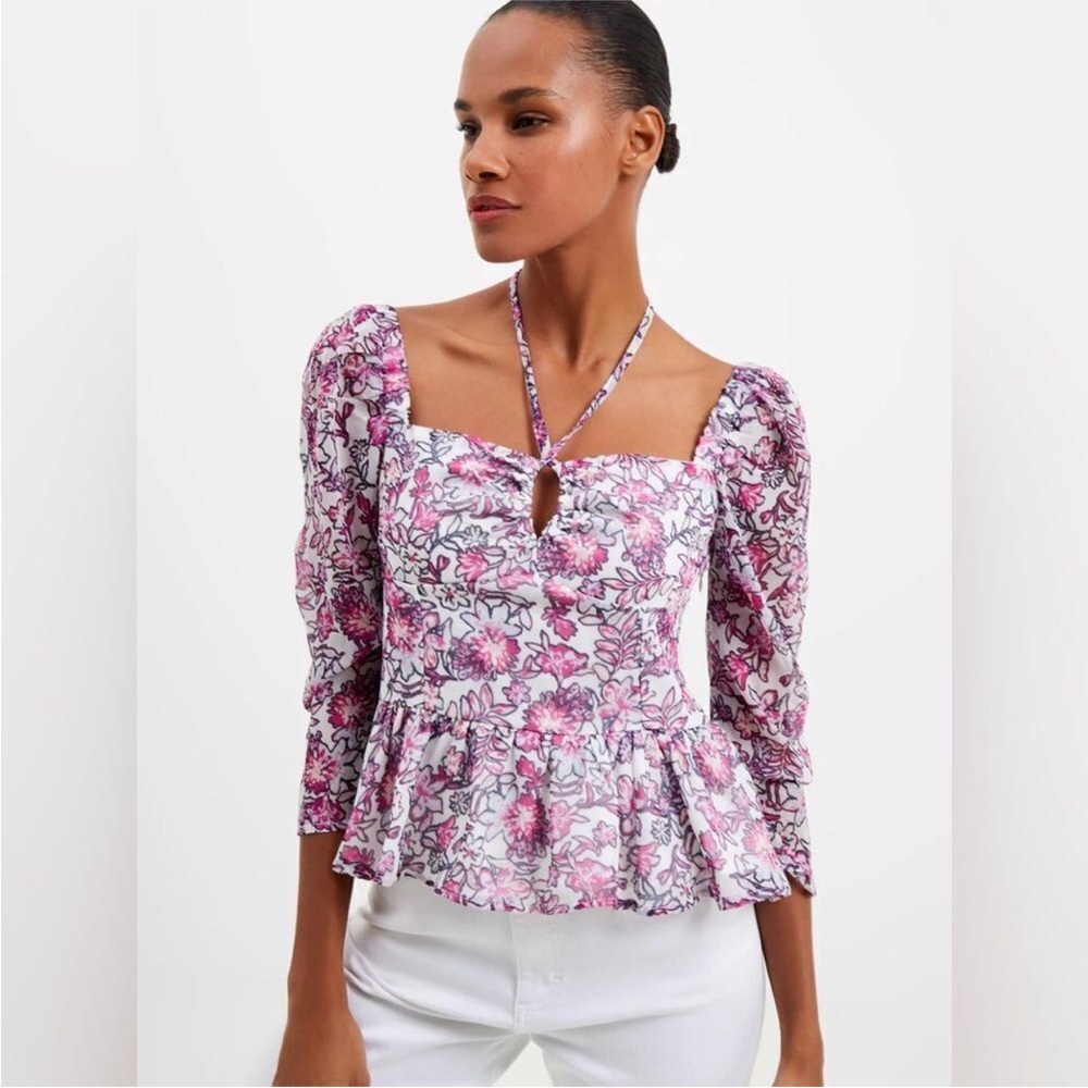 FRENCH CONNECTION Purple Pink Floral Halter Peplum Top Romantic Girlie Small New